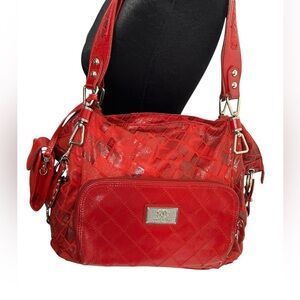 Original By Sharif Shoulder Bag Large Red Fabric And Leather Organizer W/Charm +